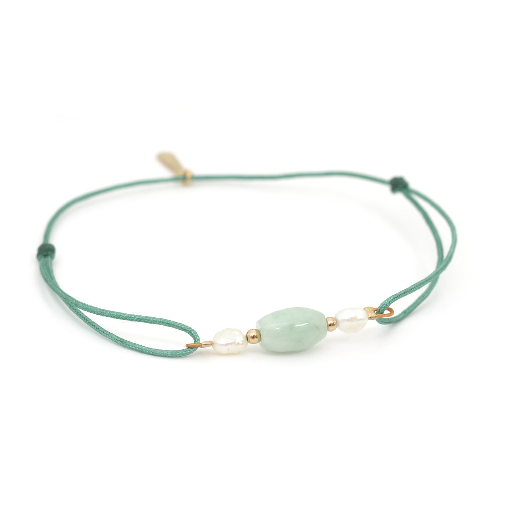 bracelet cordon perles blanches et jade verte claire