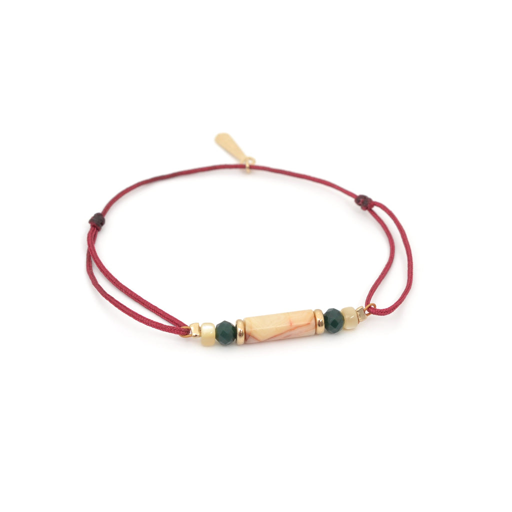 bracelet cordon perles de verre et nacre crème, cordon rose