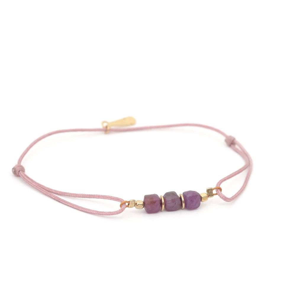 bracelet cordon pierre semi précieuse rubis et cordon rose