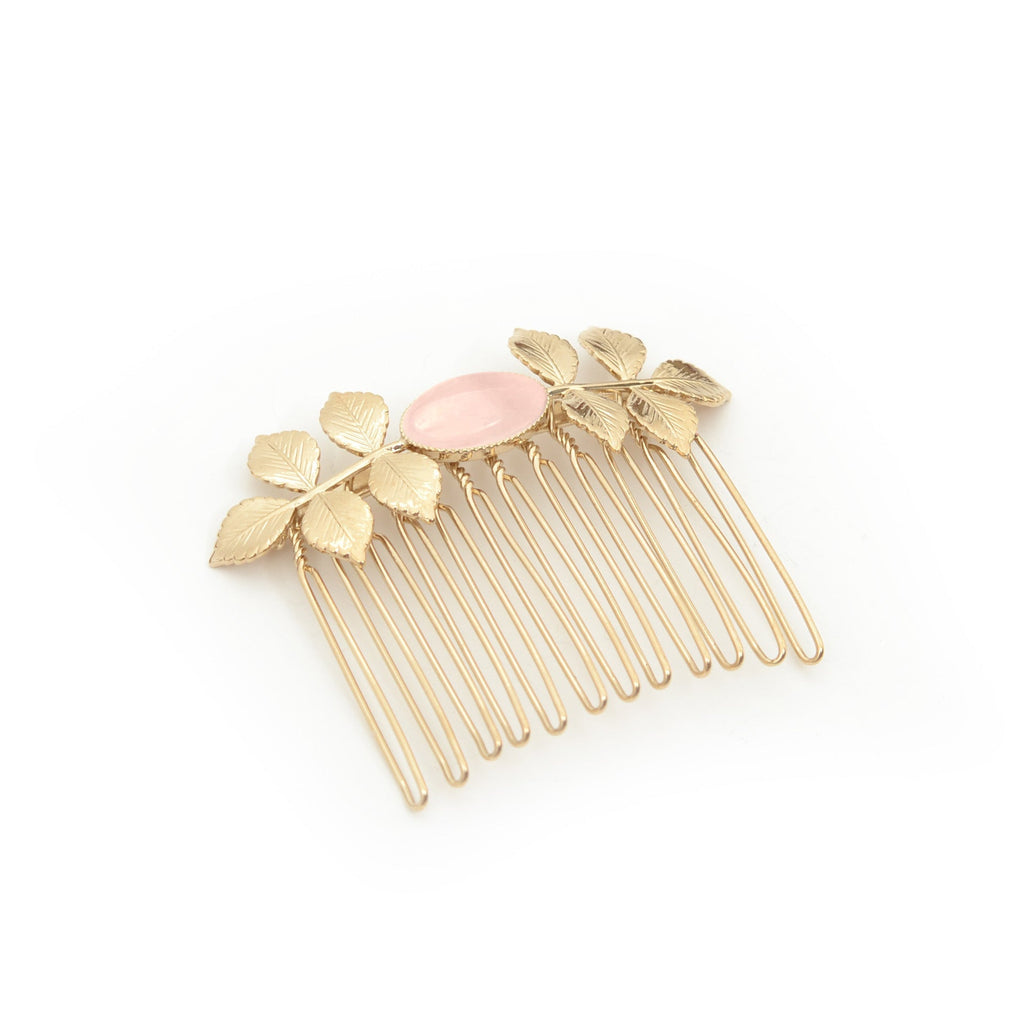 peigne feuille ornée d'une pierre naturelle semi-précieuse en quartz rose